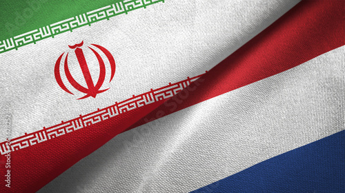 Iran and Netherlands two flags textile cloth, fabric texture