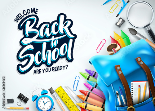 Back to School In White Background Banner with Blue Backpack and School Supplies Like Notebook, Pen, Pencil, Colors, Ruler, Magnifying Glass, Eraser, Paper Clip, Sharpener, Alarm Clock and Paint Brush