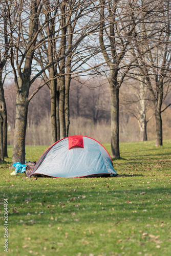 Tourist tent on the grass among the trees - the concept of outdoor recreation