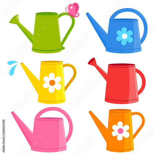 Colorful watering cans. Vector illustration collection.