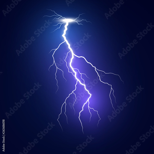 Lightning flash bolt. Blue lightning template. Thunderbolt isolated on dark background. Vector illustration