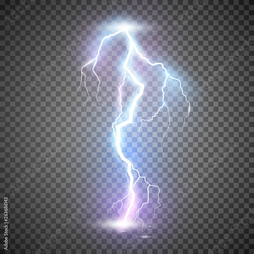 Lightning. Thunder storm realistic lightning. Magic and bright light effects. Vector Illustration isolated on transparent background