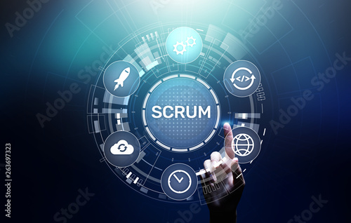 SCRUM, Agile development methodology, programming and application design technology concept on virtual screen.