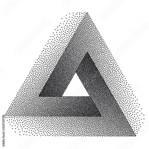 Infinity or Impossible Triangle. Penrose triangle with Black Dots. Unreal geometrical symbol for Your Business project. Pointillism. Vector Dotwork Illustration