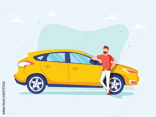 Happy successful man is standing next to a yellow car on a background. Vector illustration in cartoon style.