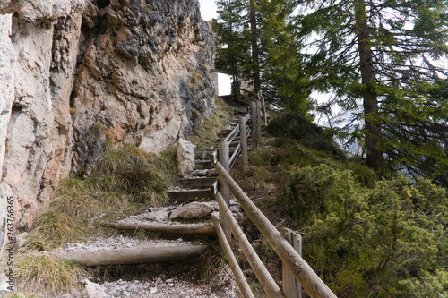 dangerous path to the old castle of wolkenstein in the rocks, dolomites