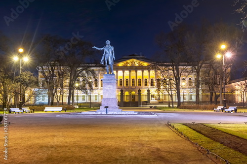 Monument for poet Alexander Pushkin on Culture square at night, Saint Petersburg, Russia