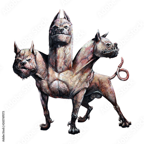 Multi headed dog Cerberus illustration. Hound of Hades. Greek mythology.