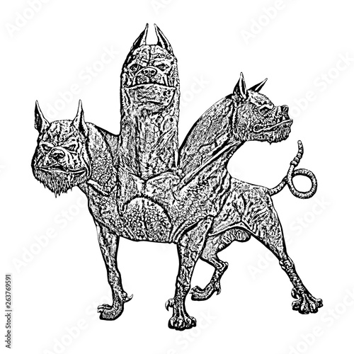 Multi headed dog Cerberus illustration. Hound of Hades. Greek mythology.