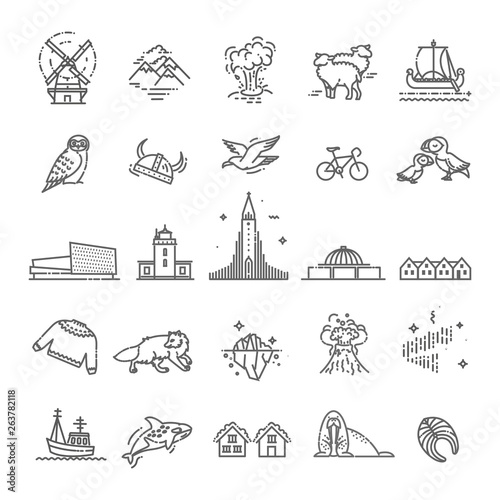 Iceland icons. Tourism and attractions, thin line design