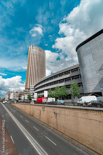 View of Congress Palace (Palais des congres) and Hyatt Regency Paris Etoile (on background) - skyscraper hotel located near Porte Maillot