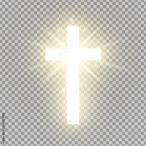 Shining cross isolated on transparent background. Riligious symbol. Glowing Saint cross. Easter and Christmas sign. Heaven concept. Vector illustration