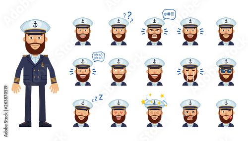 Set of navy captain emoticons. Skipper avatars showing different facial expressions. Happy, sad, smile, laugh, surprised, serious, dizzy, sleepy and other emotions. Simple vector illustration