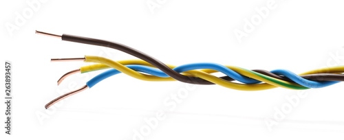 Cut insulated colorful wires isolated on white background