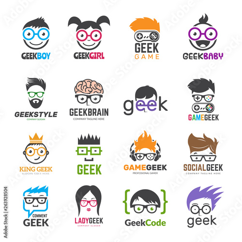 Geek logotypes. Identity for smart kids computer programmers educational vector design. Illustration of geek programmer, learning icon