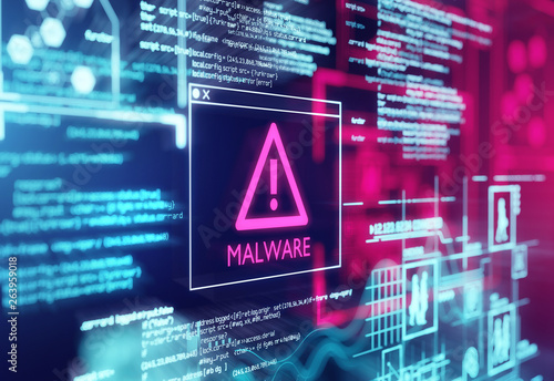 A computer screen with program code warning of a detected malware script program. 3d illustration