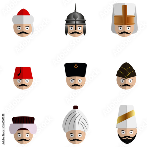 A vectoral cartoon illustration set of Ottoman heads with various headdresses (Hats): Turban, Helm, Janissary hat, Fez, Kalpak hat, Enveri (Enver Pasha) hat and Ottoman vizier turbans. Flat desing