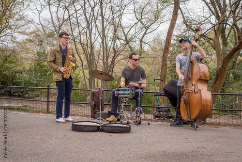 A Jazz trio featuring alto saxophone, standup bass, and drums plays in New York City's Central Park amongst the trees on a cloudy day