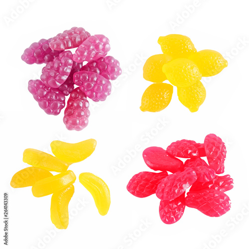 Sweet Fruit gummi candies assortment on white