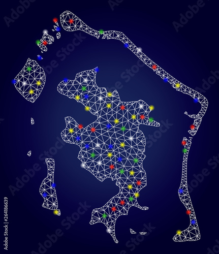 Bright mesh vector Bora-Bora map with glow light spots. Lowpoly model for patriotic purposes. Abstract lines, dots, glare spots are organized into Bora-Bora map. Dark blue gradiented background.