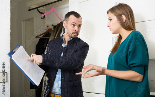 Frustrated woman talking to debt collector