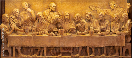 TAORMINA, ITALY - APRIL 9, 2018: The terracotta relief of Last Supper in Duomo (San Pancrazio) by Turi Azzolina (2014).