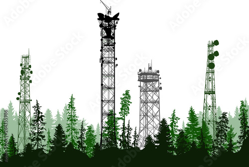 antenna tower four silhouettes in green forest isolated on white