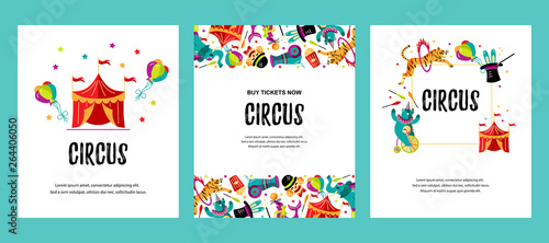Circus. Vector illustration set with animals, clowns, circus tent and magicians. Template for circus show, party invitation, poster, kids birthday. Flat style.