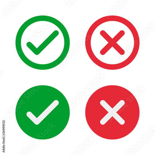 green check and red cross symbols, round vector signs