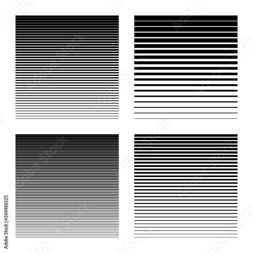 Linear halftone background with gradient effect. Set of vector illustrations. Black lines of decreasing width isolated on white background. Speed lines for manga and comics. Abstract striped texture.