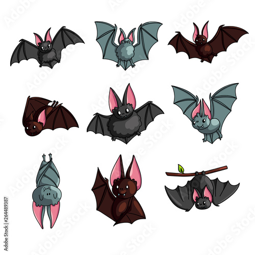 Set of cute colorful bat in different poses or flying mode