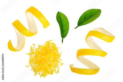 Lemon peel and zest with leaf isolated on white background. Healthy food