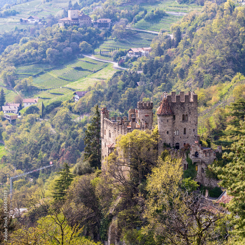 View on Castle Brunnenburg inside Valley and Landscape of Meran. Tirol Village, Province Bolzano, South Tyrol, Italy.