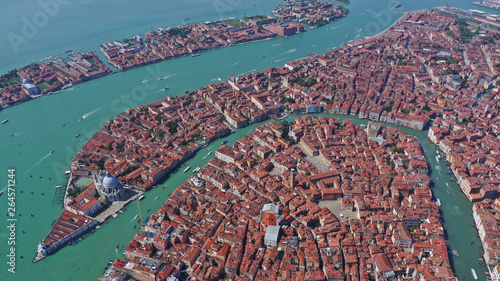 Aerial drone photo of iconic and unique Grand Canal crossing city of Venice as seen from high altitude, Italy