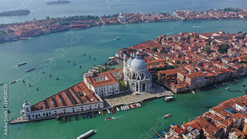 Aerial drone photo of iconic and unique Santa Maria Della Salute Cathedral in Grand Canal, Venice, Italy