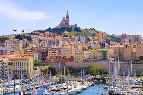 Old port of Marseille (Vieux Port) with view to Basilica Notre-Dame de la Garde - France