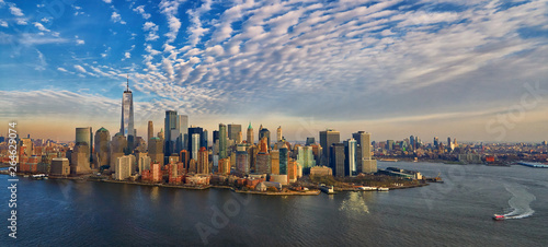 Aerial panorama of lower manhattan skyline with financial district new york city