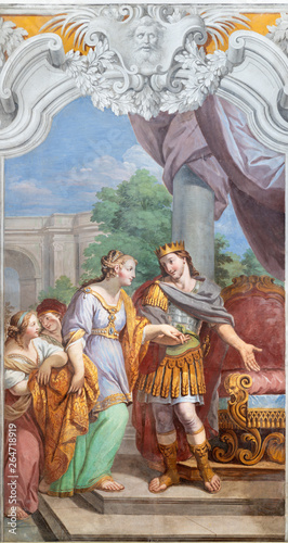 ACIREALE, ITALY - APRIL 11, 2018: The fresco of Esther and king Xerxes in church Chiesa di San Camillo by Pietro Paolo Vasta (1745 - 1750).