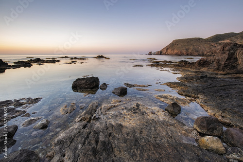 Sunrise on the coast of Escullos. Natural Park of Cabo de Gata. Spain.