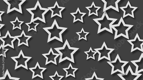 Abstract illustration of randomly arranged white stars with soft shadows on black background