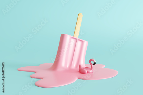 Pink stick ice cream melting with flamingo float on pastel blue background. Creative idea minimal summer concept. 3d rendering