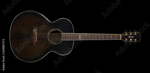 Musical instrument - Top view brown acoustic guitar on black. Isolated