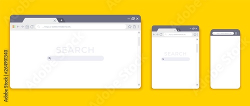 Browser mockups. Website interface for different devices, empty laptop tablet and mobile internet page. Vector browser window modern design