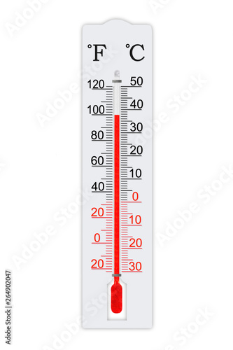 Fahrenheit and celsius scale meteorology thermometer for measuring air temperature. Thermometer isolated on white background. Air temperature plus 100 degrees fahrenheit