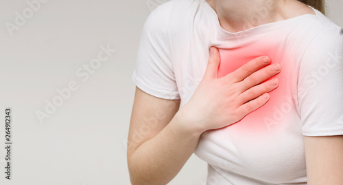 Woman suffering from acid reflux or heartburn