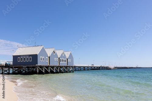 Boat Sheds on Busselton Jetty in Busselton, WA. Busselton Jetty is the second longest wooden jetty in the world at 1841 meters long.