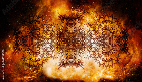 ornamental mandala in cosmic space, graphic effect.