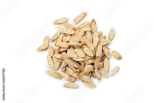 Pile of Astragalus (Huang Qi) isolated on white background. Chinese herbal medicine. Top view.