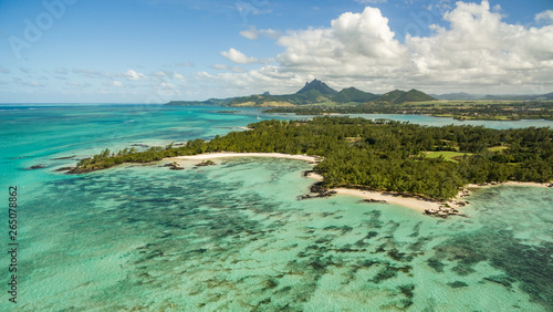 An aerial picture of the Île aux Cerfs in front of Mauritius. Île aux Cerfs is a paradisal island.