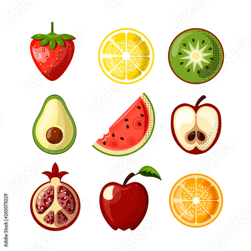 Fresh juicy fruit flat icons isolated on white background. Strawberry, lemon, qiwi, watermelon and other fruits in one collection. Flat icon set of healthy food - fruits.